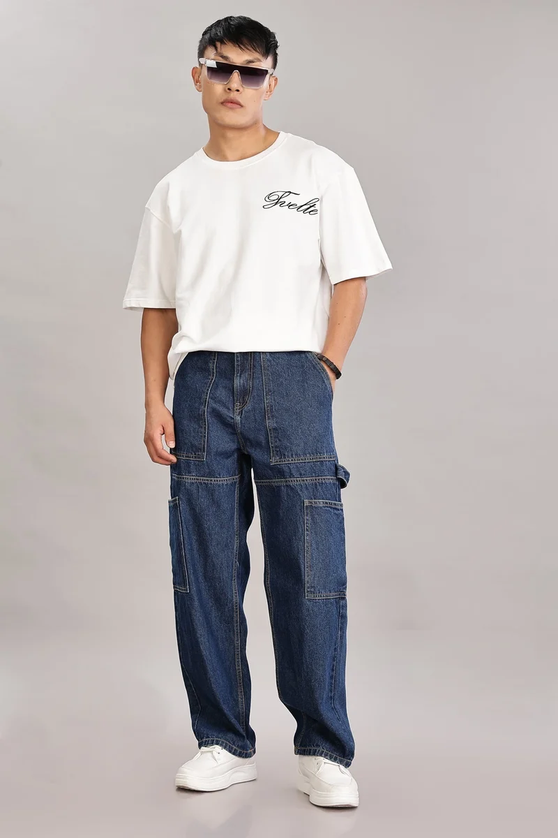 inkd Men's Carpenter Baggy Jeans – Mid-Rise | 100% Cotton | Contrast Stitch| 6 Pocket Styling | Baggy Jeans for Man | Loose fit & Comfortable